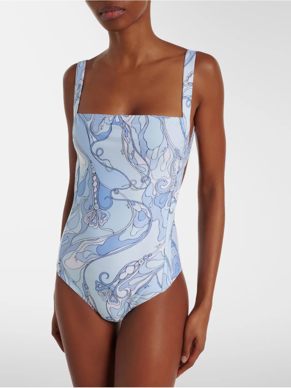 Emilio Pucci Square-Neck One-Piece in Pale Blue Swirl